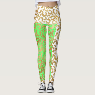 Elegant Leopard Guld White Animal Print Leggings