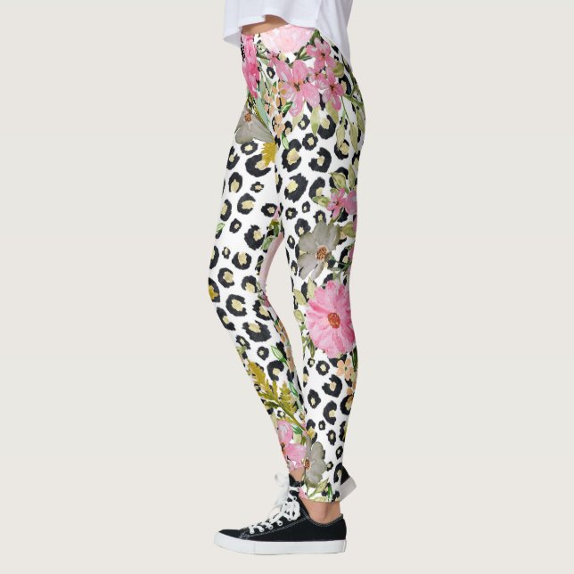 Elegant Leopard Print and Blommigt Design Leggings (Vänster)