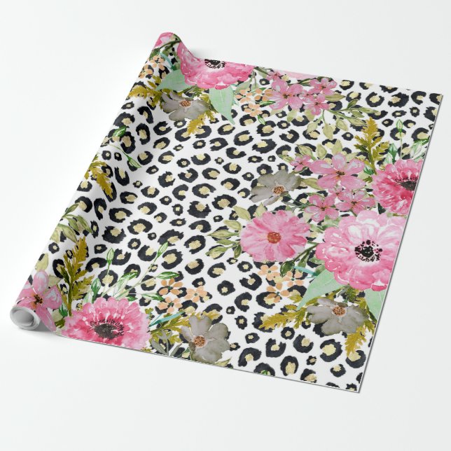 Elegant Leopard Print and Blommigt Design Presentpapper (Utrullad)