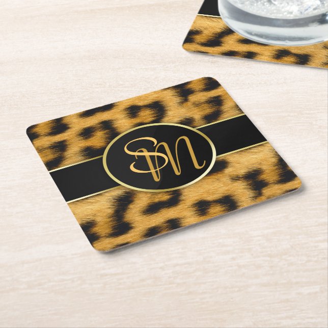 Elegant Leopard Print Monogram - Papper Underlägg (Vinklad)