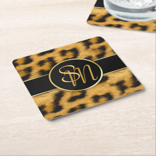Elegant Leopard Print Monogram - Papper Underlägg Kvadrat