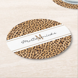 Elegant Leopard Print Monogram Personlig Underlägg Papper Rund