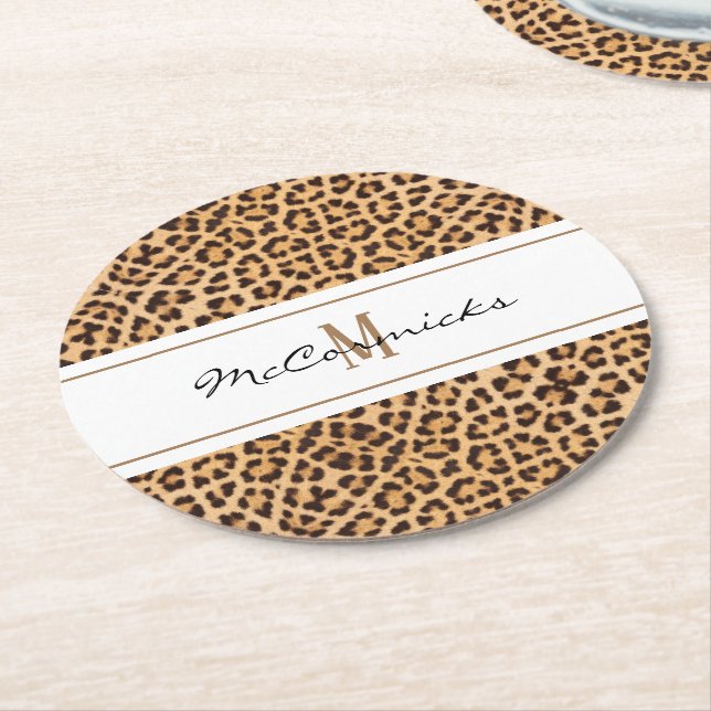 Elegant Leopard Print Monogram Personlig Underlägg Papper Rund (Vinklad)