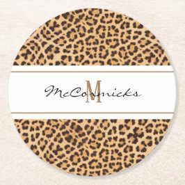 Elegant Leopard Print Monogram Personlig Underlägg Papper Rund