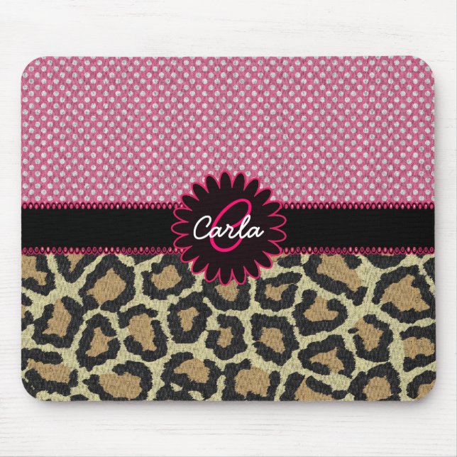 Elegant Leopard Print och Polka Dot Monogram Musmatta (Framsidan)
