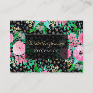 Elegant Leopard Print & Rosa Blommigt Black Design Visitkort