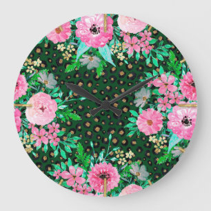 Elegant Leopard Print & Rosa Blommigt Grönt desig Stor Klocka