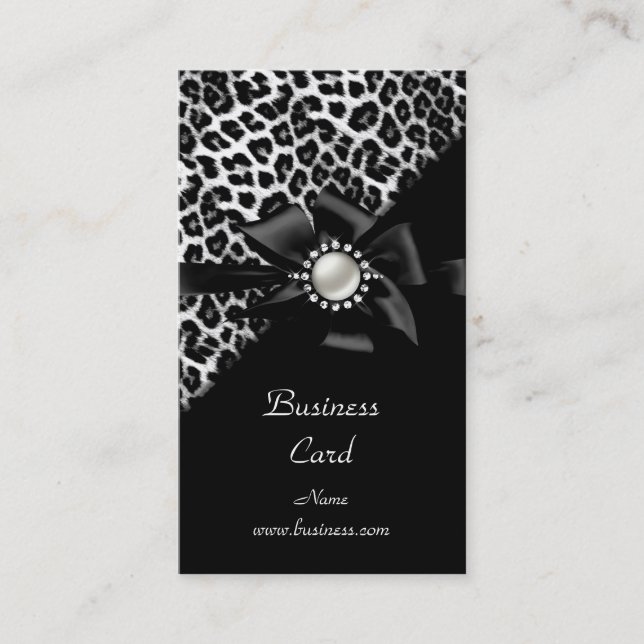 Elegant Leopard Svart Silver Diamant Bild Visitkort (Framsida)