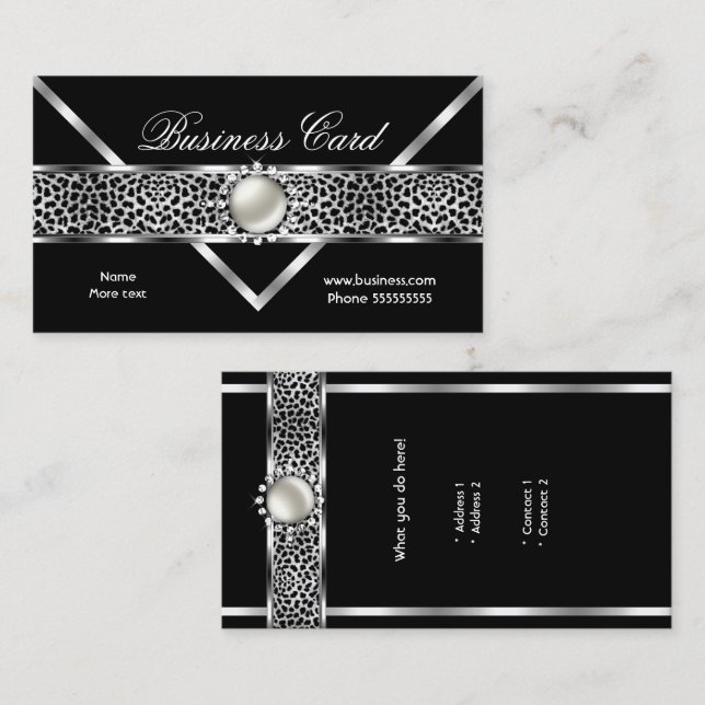 Elegant Leopard Svart Silver Diamant Pärla 2 Visitkort (Fram/baksida)