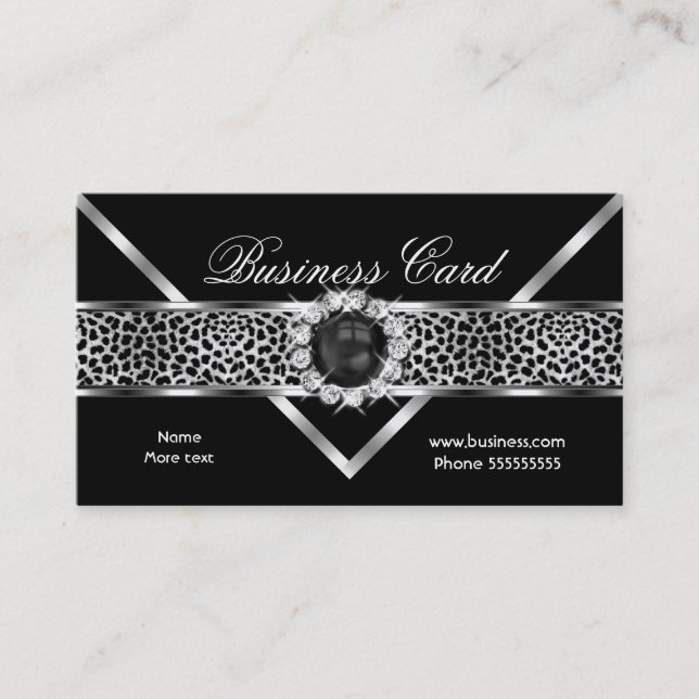 Elegant Leopard Svart Silver Diamant Svart Pärl Visitkort (Framsida)