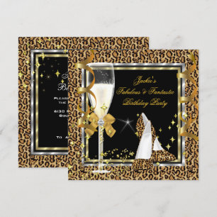 Elegant Leopard Svart Silver Guld Födelsedagsfest Inbjudningar