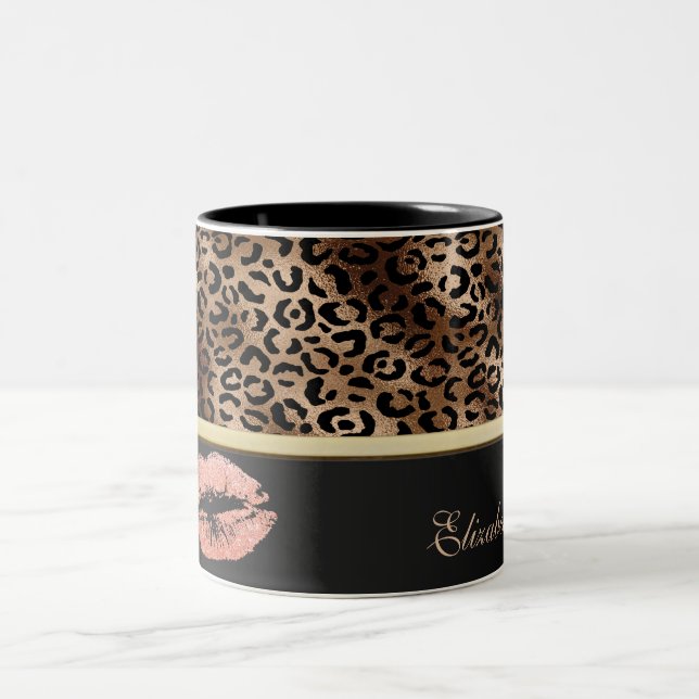 Elegant Leopardmönstrad Glittrig Läppstift Två-Tonad Mugg (Center)