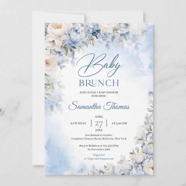 Elegant Light Blue and white Flowers baby brunch Inbjudningar (Framsida)