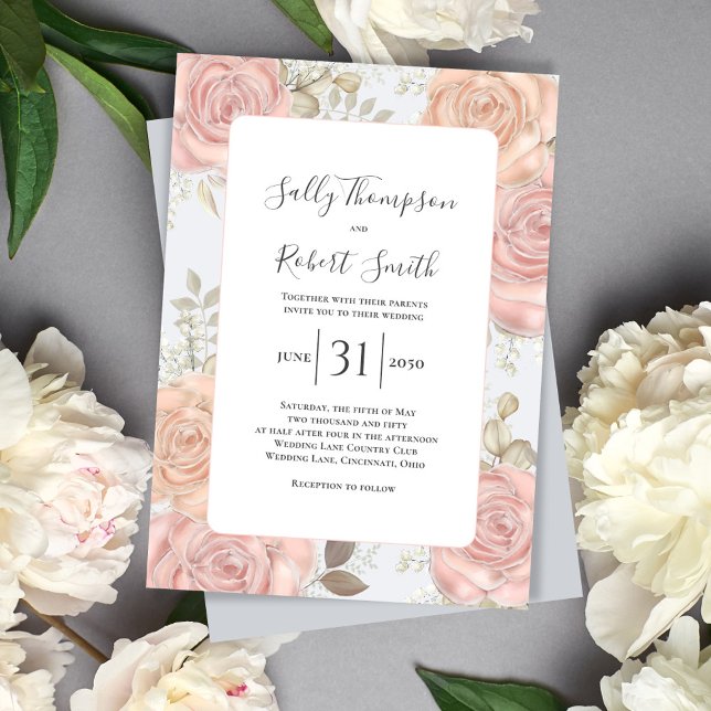 Elegant Light Blue Bröllop Blommigt  Rosa Inbjudningar (Elegant wedding invitation with light blue and blush pink floral design. )