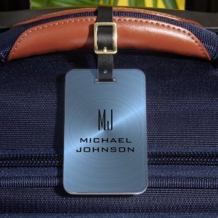 Elegant Light Blue Brushed Metallic Monogrammed Bagagebricka