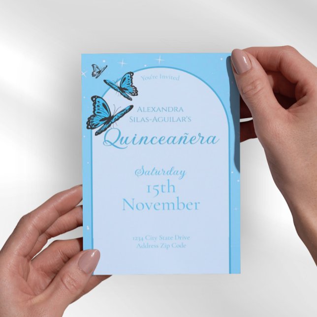Elegant Light Blue Butterfly Quinceañera - Custom  Inbjudningar (Elegant Light Blue Quinceañera Invitations)