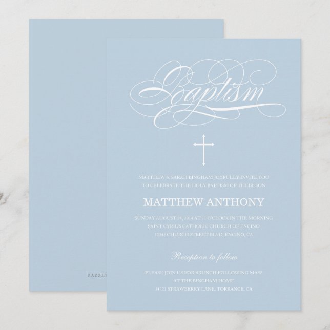 Elegant Light Blue Calligraphy Baptism Inbjudningar (Fram/baksida)