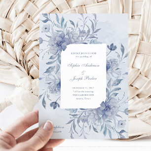 Elegant Light Blue Chinoiserie Blommigt Bröllop Inbjudningar