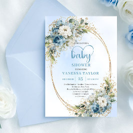Elegant Light Blue Floral Eucalyptus Gold Shower  Inbjudningar