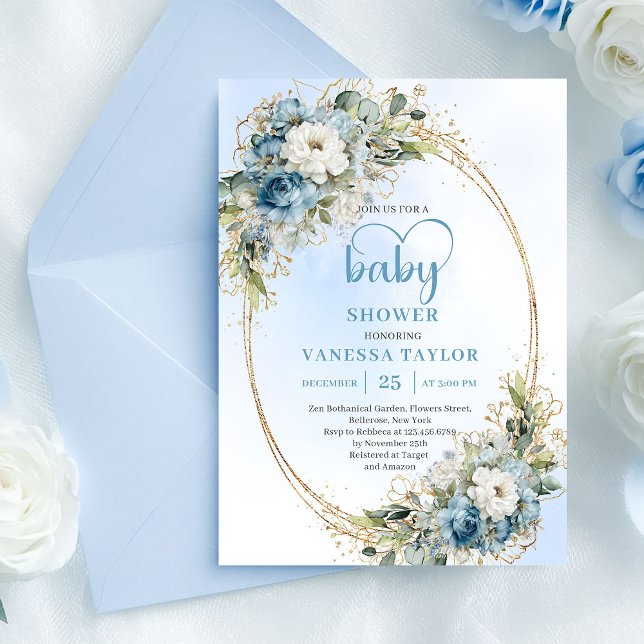 Elegant Light Blue Floral Eucalyptus Gold Shower  Inbjudningar (Elegant Light Blue Floral Eucalyptus Gold Shower Card

)