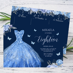 Elegant Light Blue Gown Blommigt 18:e födelsedagen Inbjudningar