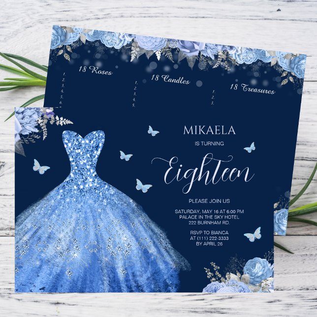 Elegant Light Blue Gown Blommigt 18:e födelsedagen Inbjudningar (Skapare uppladdad)