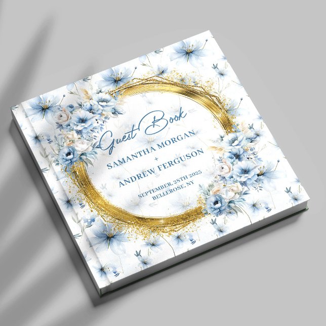 Elegant Light Blue Guld Glitter Bröllop Guest Bok (Elegant Light Blue Gold Glitter Wedding Guest Book)