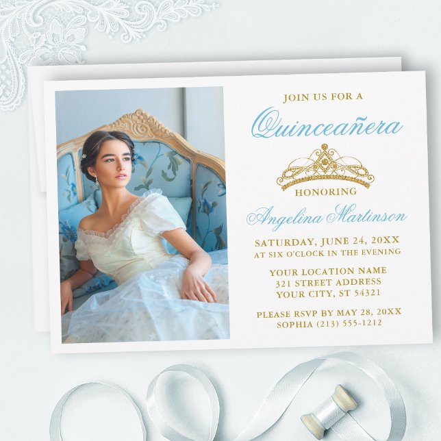 Elegant Light Blue Guld Krona Photo Quinceanera Inbjudningar (Customize to change text size, style, color or to add text or more photos to back of card.)