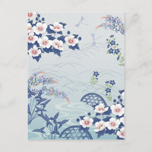 Elegant Light Blue Japansk Blomsterträdgård Vykort