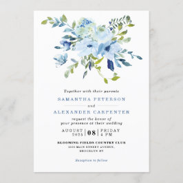 Elegant Light Blue Navy Blommigt Botanical Bröllop Inbjudningar