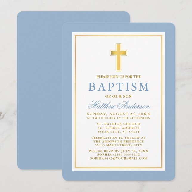 Elegant Light Blue och Guld Baptism Inbjudningar (Fram/baksida)