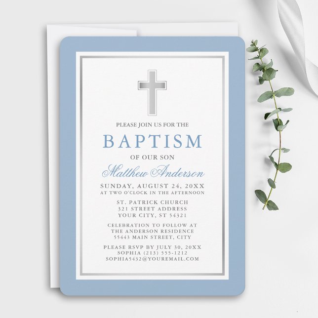 Elegant Light Blue och Silver Baptism Inbjudningar (Customize to change text color, size, style or to change color of back of card.)