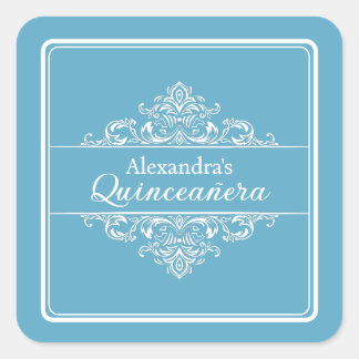 Elegant Light Blue Quinceañera Birthday Favor Fyrkantigt Klistermärke