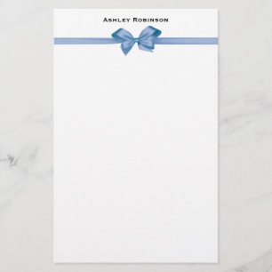 Elegant Light Blue Satin Bow on White Brevpapper