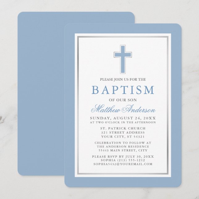 Elegant Light Blue Silver Baptism Inbjudningar (Fram/baksida)