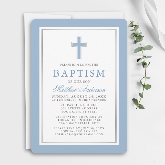 Elegant Light Blue Silver Baptism Inbjudningar (Customize to change text color, size, style or to change color of back of card.)