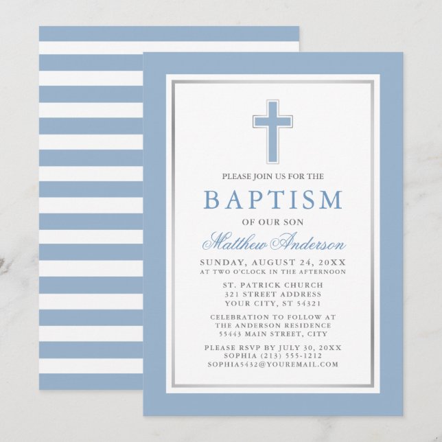Elegant Light Blue Silver Baptism Stripe Inbjudningar (Fram/baksida)