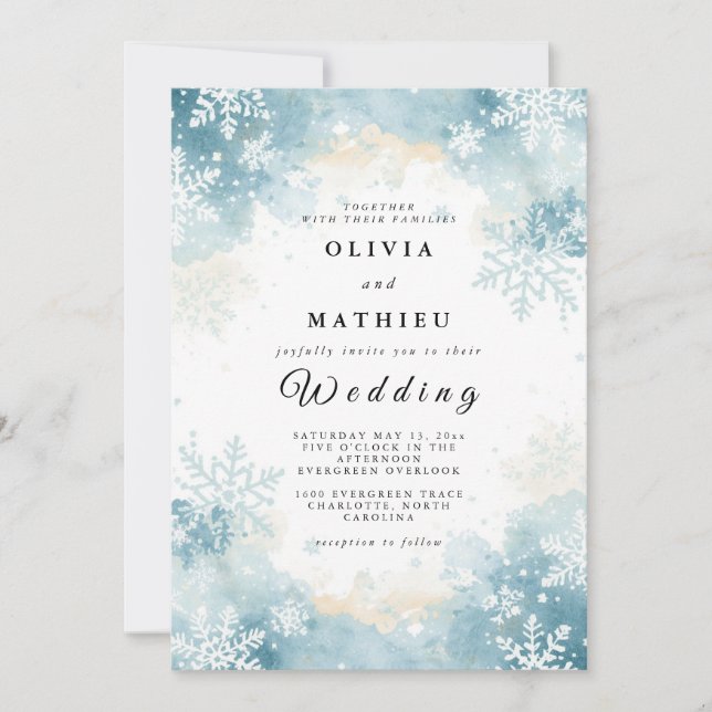 Elegant Light Blue Snowflake Winter Wedding Inbjudningar (Framsida)