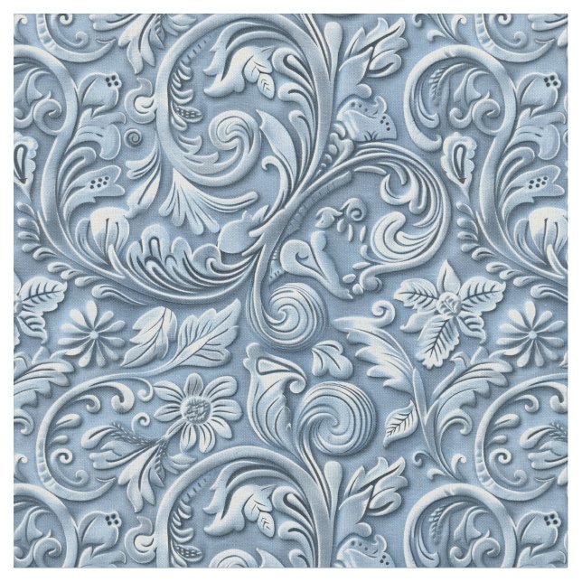 Elegant light blue tooled leather floral tyg (Närbild)