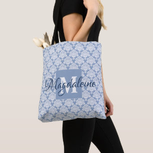 Elegant Light Blue & White Damask Monogram & Namn Tygkasse