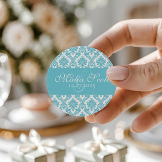 Elegant Light Blue White Damask Wedding Favor Runt Klistermärke