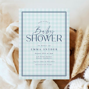 Elegant Light Blue White Gingham Boy Shower Inbjudningar