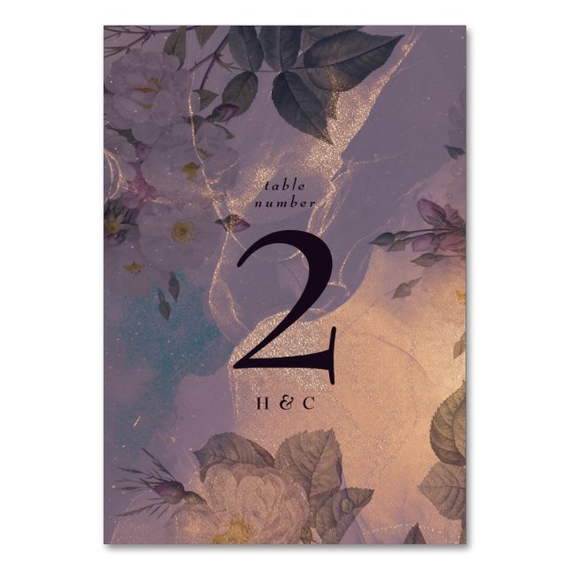 Elegant Light Boho Blommigt Lila Ro Guld Bröllop v Bordsnummer (Framsidan)
