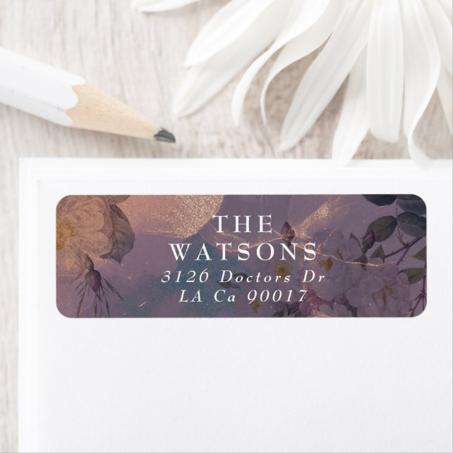 Elegant Light Boho Blommigt Lila Ro Guld Bröllop v Returadress Etikett (Insitu)