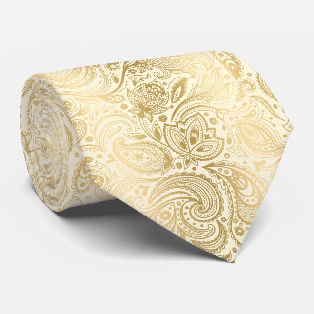 Elegant Light Guld och Ivory Paisley Mönster Slips (Rullad)
