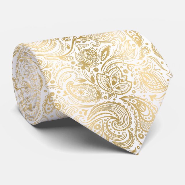 Elegant Light Guld och White Paisley Mönster Slips (Rullad)