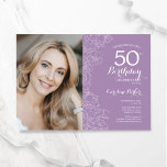 Elegant Light Lila Blommigt Foto 50:e födelsedagen Inbjudningar<br><div class="desc">Ljust lila blommigt 50 födelsedagsfest inbjudan med ditt foto på kortets framsida. Elegantens moderna utformning med botaniska konturaccenter för teckning och typsnitt för typgrafiska skript. Enkel inbjudan-kortsperfekt för trendig för en snyggt kvinna på dagen firande. Kan anpassas till vilken ålder som helst. Skrivna Zazzle-inbjudningar eller digital utskrivbar mall för omedelbar...</div>