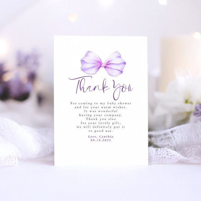Elegant Light Lila Bow Baby Shower Tack Kort (Small Thank You Card with Purple Bow)