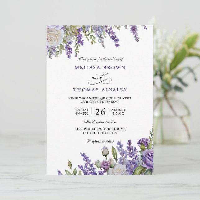 Elegant Light Purple Lavender QR Code Wedding Inbjudningar (Stående Fram)