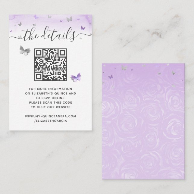 Elegant Light Purple Silver Butterfly RSVP QR Code Tilläggskort (Fram/baksida)